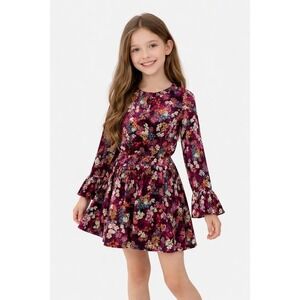 Ella Moss Girls Black Floral Velvet Long Sleeve Flared‎ Dress Size 8 NWT